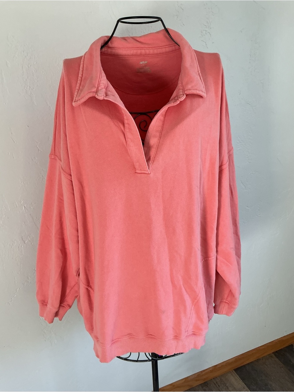 aerie Coral  V-Notch Collared Pullover Sweatshirt